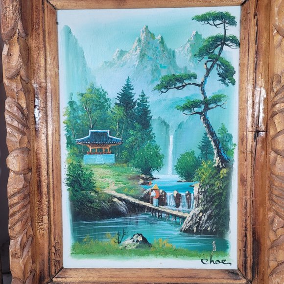 2 Vintage MCM China Scene Oil Paintings ~ One Signed Choe ~ Carved Wood - Picture 5 of 8